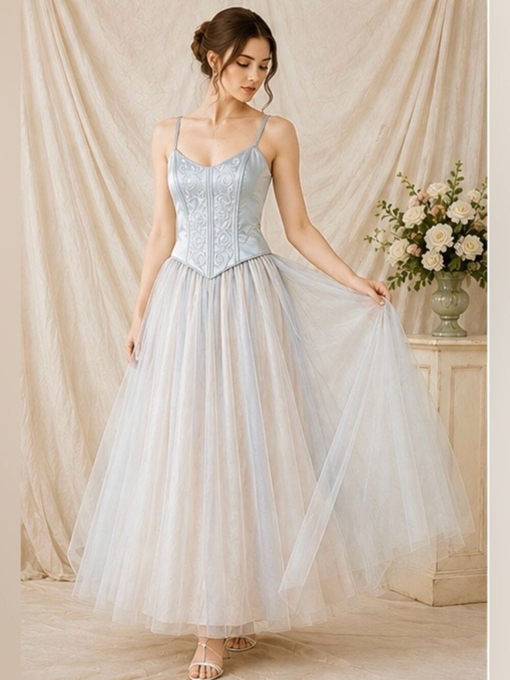 Vintage Jessica McClintock Gunne Sax Baby Blue Formal Tulle Corset Gown Size 3/4